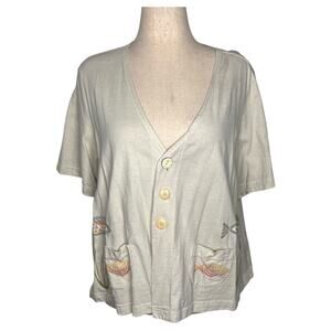 Blue Fish Women's Hand Painted Top 1X Plus Cream Organic Cotton Art To Wear